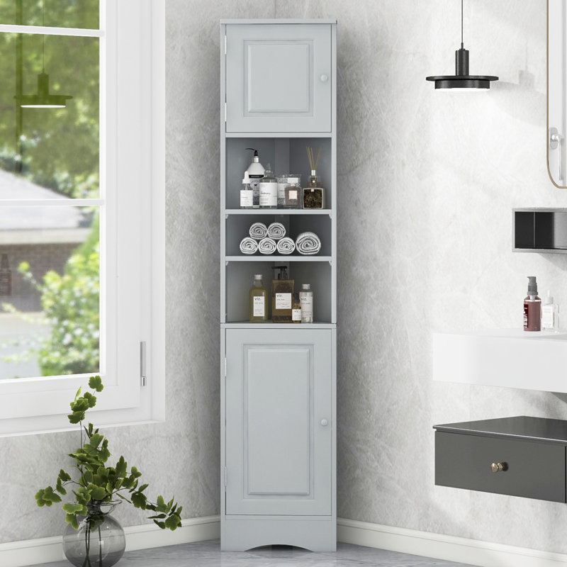 Multi-Functional Corner Cabinet Tall Bathroom Storage Cabinet With Two Doors And Adjustable Shelves, Open Shelf, Gray