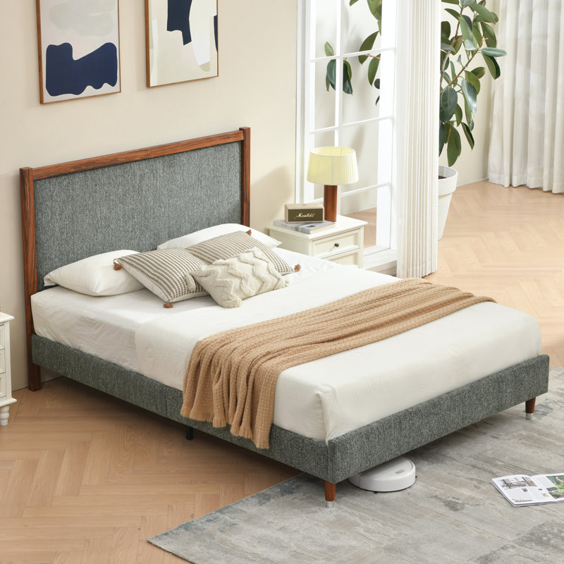 Wooden platform bed with upholstered base, Full, Green