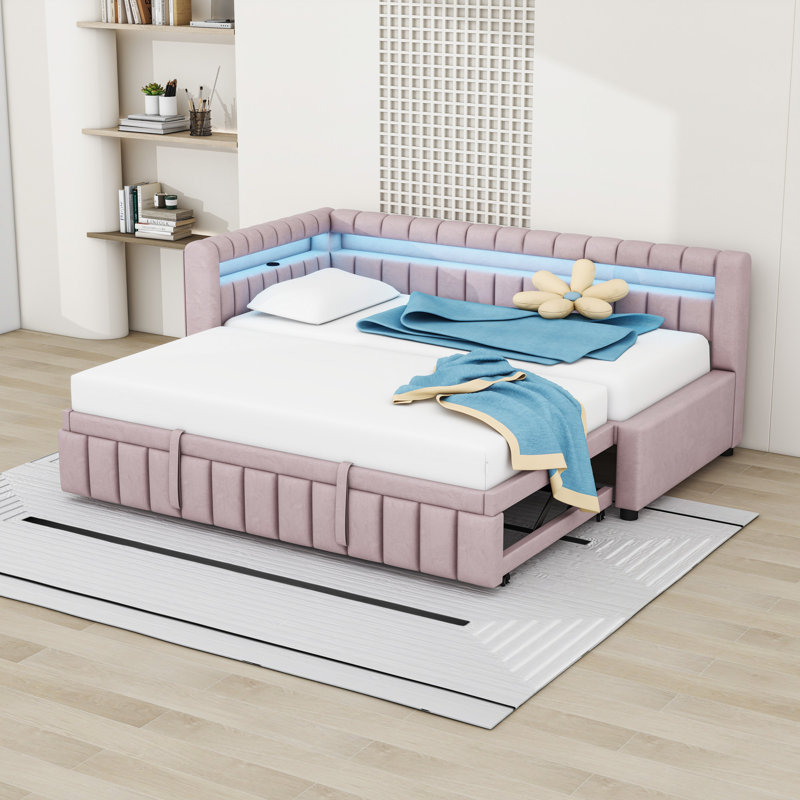 Lit de jour rembourré avec lumières DEL, USB et lit gigogne, Pink