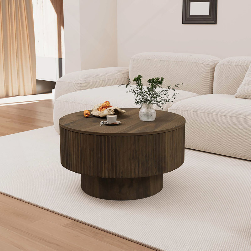 Table basse 29,53 "en bois aggloméré moderne avec motif à rayures circulaires et espace de rangement, convenant à la maison et à la cuisine (noyer)