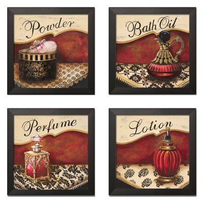 «Lovely Vintage Red and Gold Perfume, Bath Oil, Lotion and Powder Signs», ensemble de 4 impressions sur papier en rouge / noir / beige