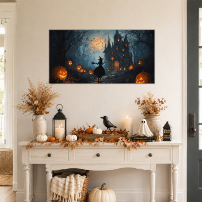 Fall Halloween Wall Art, Halloween Pictures Wall Decor, Halloween Canvas Wall Art Gothic Witch and Castle Scene, Warm Moody Colors Witch Pictures Wall Decor for Living Room, Entryway, Seasonal Home Spaces 12×24 in