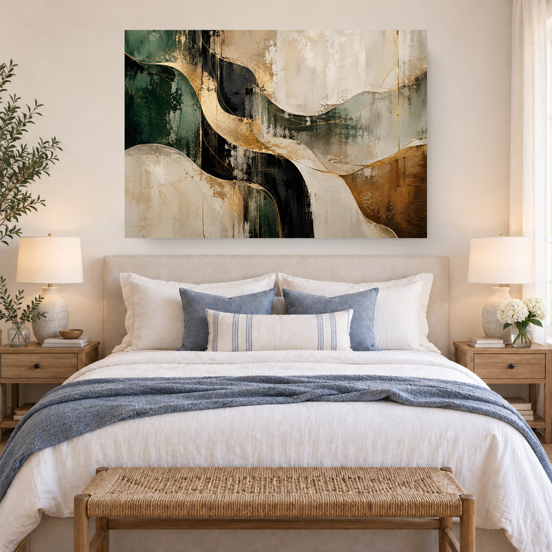 Tableau abstrait moderne sur toile représentant des vagues d'émeraude et d'or, H 20 po x l 30 po