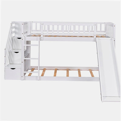 Ladder-style double bunk bed with two drawers and a slide, white