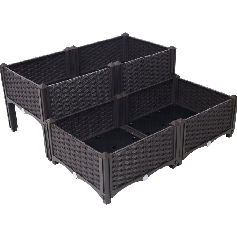Pot de café surélevé brun avec arrosage automatique - 4 pièces en polypropylène. Drainage optimal. Montage facile. Jardinière sur pieds. Idéal pour les fleurs, les herbes aromatiques et les légumes. Caractéristiques : trou de drainage.