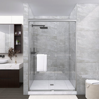 44-48" X 72" Double Sliding Shower Door, 1/4" (6mm) Tempered Glass With Explosion-Proof Film, Aluminum Frame & Stainless Steel Handle, Brushed Nickel