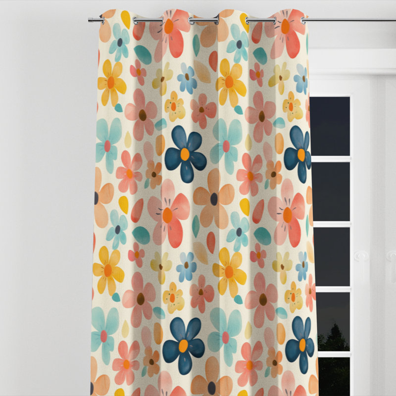 For Teenagers Retro Florals Velvet Curtains - Vintage Mid Century Retro Flowers Twin Grommet Curtain - 1 Panel, 52" W x 63" L