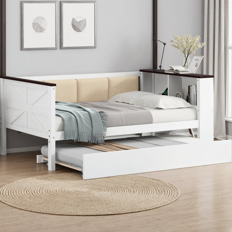 Lit de jour en bois avec lit gigogne et tablettes de rangement, dossier rembourré avec station de charge USB, structure en pin massif blanc pour la chambre à coucher, la chambre d'amis ou le bureau, aucun sommier nécessaire