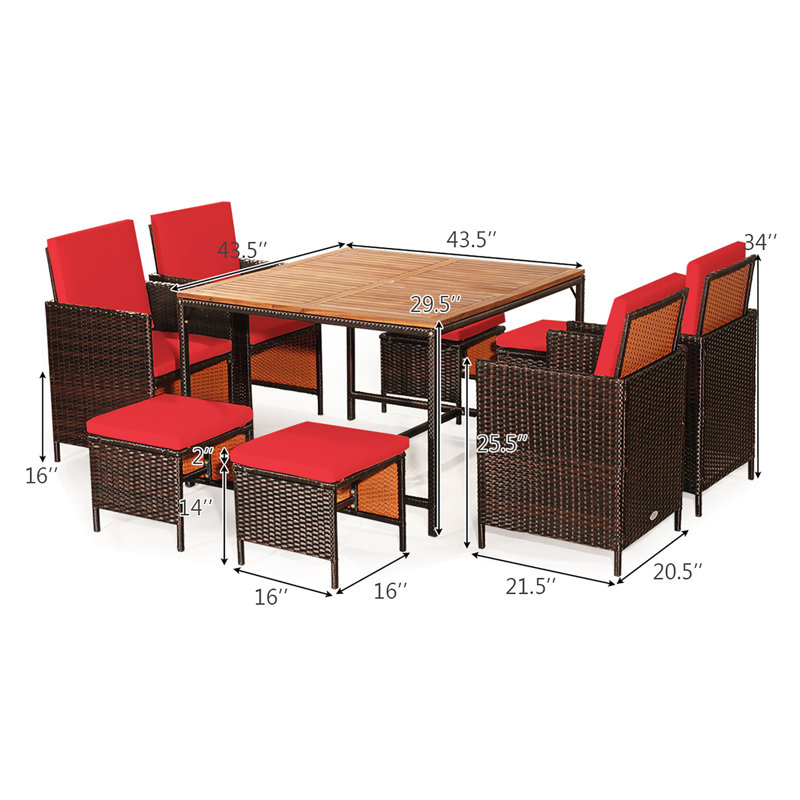 Negril 8 - Person Acacia Wicker Patio Dining Set with Square Table , Cushions Included, Red