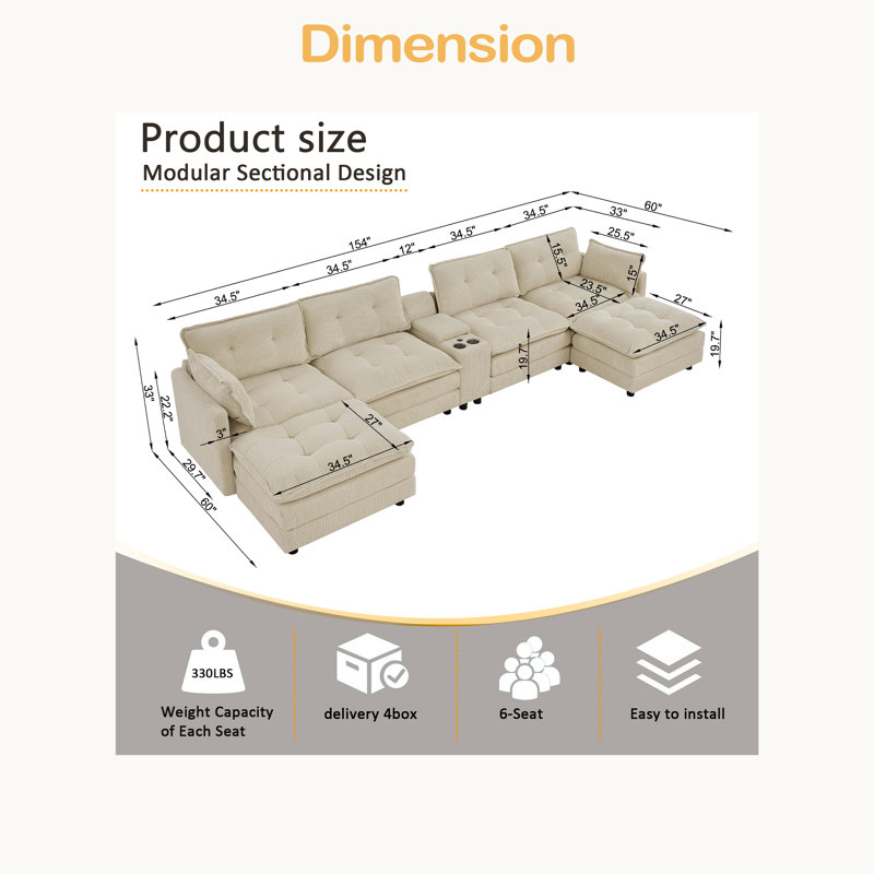 Canapé modulaire de 154 pouces avec repose-pieds en nuage avec repose-pieds modulaires en U pour le salon, canapé modulaire surdimensionné moderne en velours côtelé 6 places avec console USB centrale