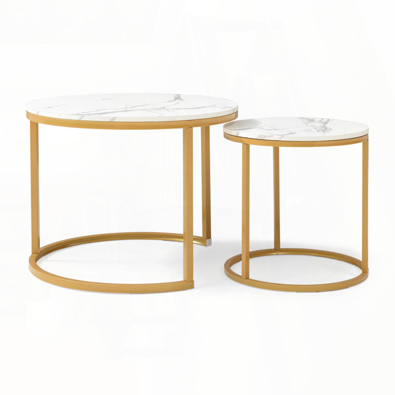 Ensemble de 2 tables basses gigognes rondes avec motif en marbre et cadre doré, Blanc / Gris, Marbre