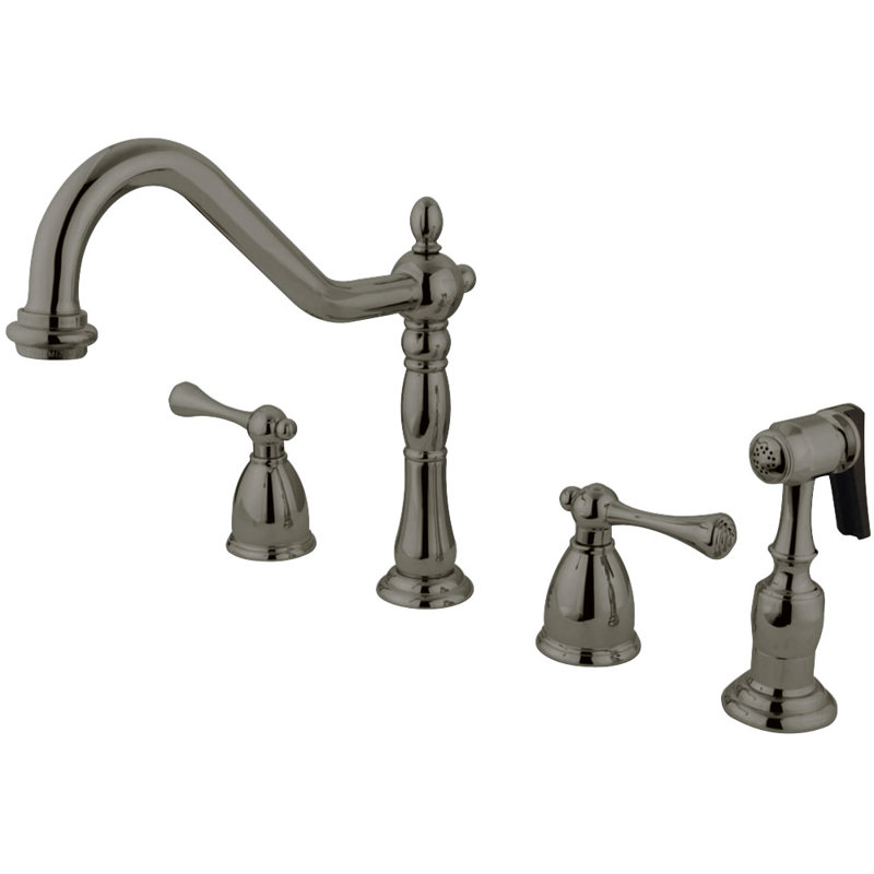 Kingston Brass English Country Double-Handle 4-Hole Widespread Kitchen Faucet with Brass Sprayer, Brushed Nickel