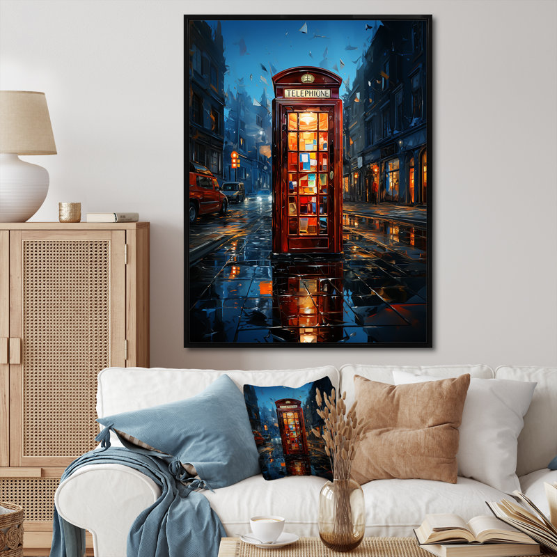 Leontre, cabine téléphonique rouge, Urban Reflections I sur toile, Cadre flottant noir, H 32 po x l 16 po x P 1 po