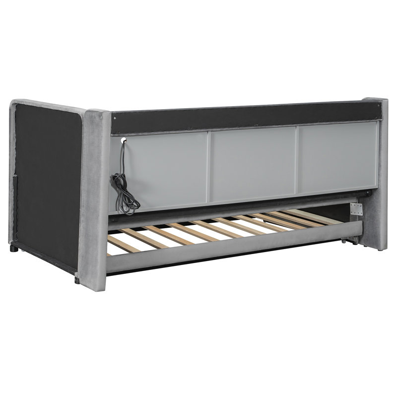 Upholstered Daybed With Trundle, Storage Shelves, USB & Outlet, Gray