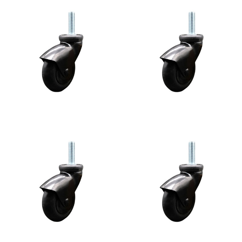 3 Inch Black Hooded Neoprene Rubber ½ Inch Threaded Stem Casters Set 4 SCC
