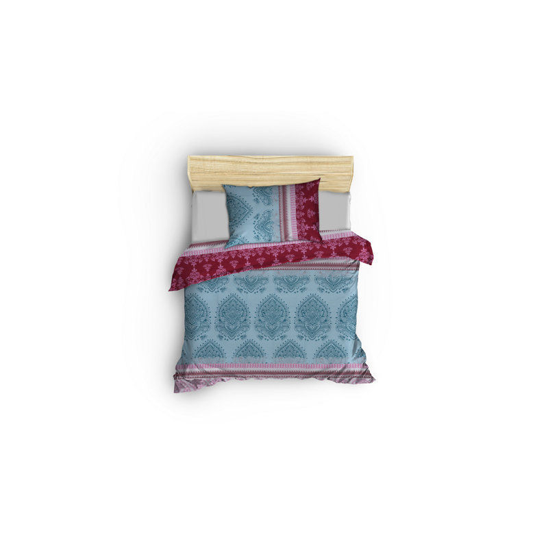Ensemble de housse de couette luxueuse 100% coton Ranforce, fuchsia et menthe | Housse de couette 86,6 po x 86,6 po, taie d'oreiller 17,7 po x 61,0 po | Lavable à la machine, 145 fils, conception élégante à fermeture à boutons pour plus de confort et