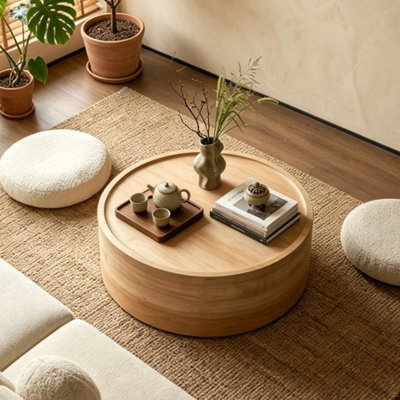 31.5" Round Coffee Table With Natural Wood Grain For Living Room, Modern Drum Circle Coffee Table For Living Room, No Need Assembly