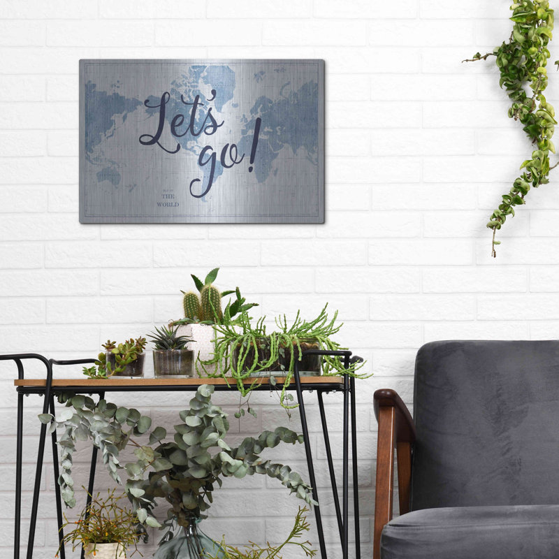«Blueprint World Map Lets Go» par Sue Schlabach, art mural en métal, H 12 po x l 16 po