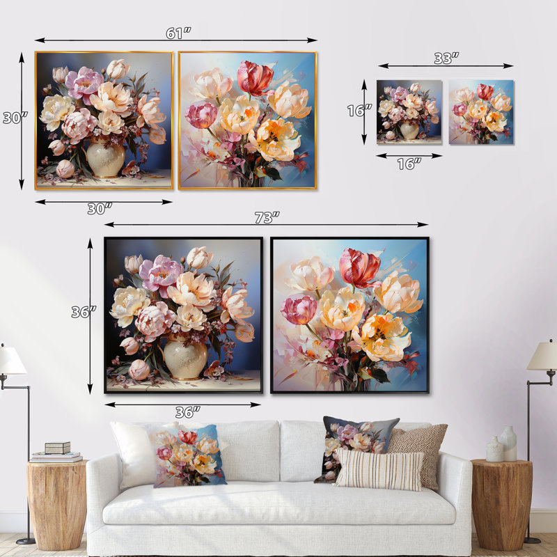 "Nature morte bouquet de tulipes" 2 pièces, Cadre flottant noir, H 16 po x l 33 po