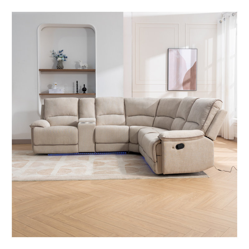 Ensemble de mobilier de salon inclinable manuel moderne avec ports USB, rangement caché, bande lumineuse à DEL et 2 porte-gobelets, crème