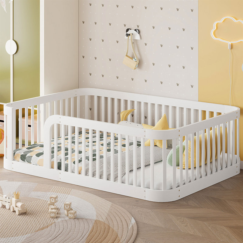 Wood Full Size Wood Floor Bed Frame With Fence, White(Expected Arrival Time: 9.30), White