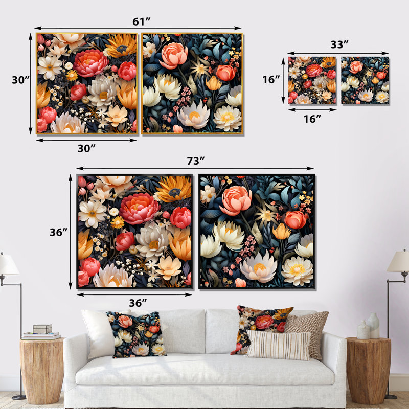 Berene - ensemble de 2 reproductions d'art sur toile florales, Toile tendue, H 16 po x l 33 po x P 1 po
