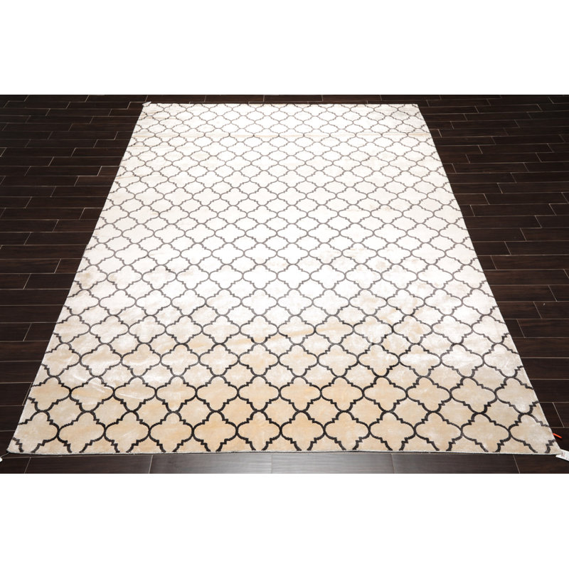 Tapis ivoire en viscose noué à la main de conception unique 9 pi x 12 pi Fetulla