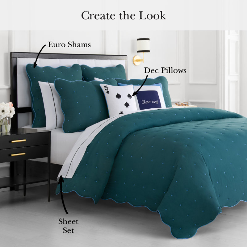 kate spade new york Scalloped Edge 3-Piece Full/Queen Quilt Bedding Set, 100% Cotton Voile Reversible Cover, All Season Bedding, Machine Washable, Blue Spruce