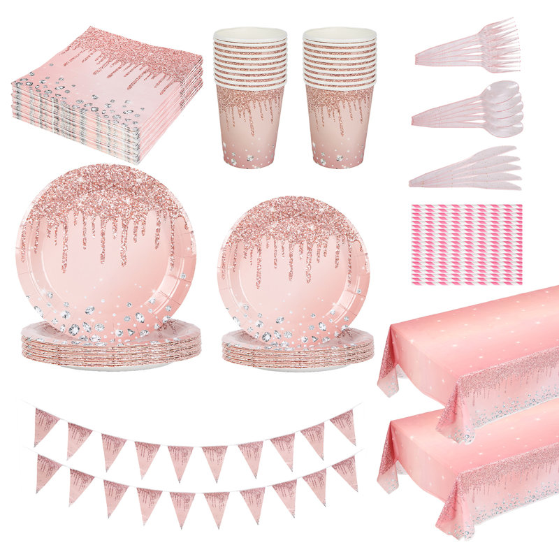 Rose Gold Party Party Pack de 454, ensemble de vaisselle jetable avec des assiettes en papier scintillantes