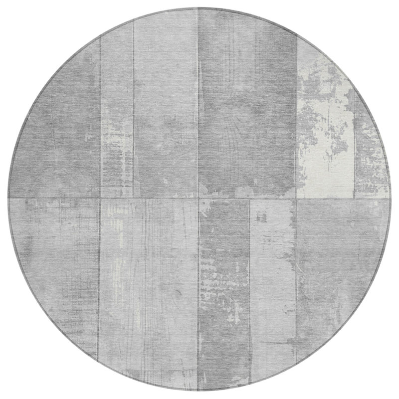Machine Washable Indoor/Outdoor Xhevrie Gray Rug, Round 8'