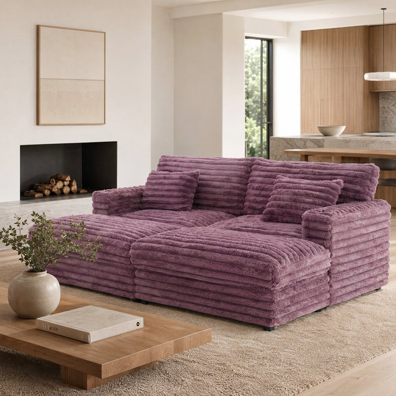 Canapé-lit moelleux de 83,5 po avec fausse fourrure de lapin, ports de chargement USB, porte-gobelets et coussins lombaires - canapé-lit douillet