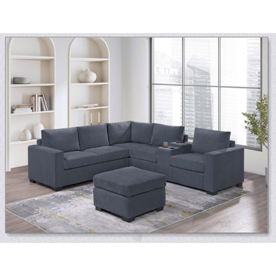 Modern Functional Dark Gray Corduroy Upholstered Sectional Set For Living Room With One Arm Loveseat, Wedge, Console, And Ottoman
