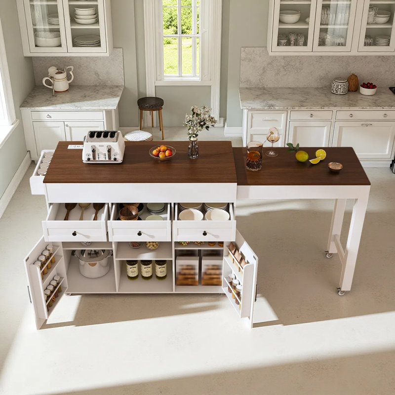Kitchen Island With Extendable Table And Rolling Storage, Brown/White