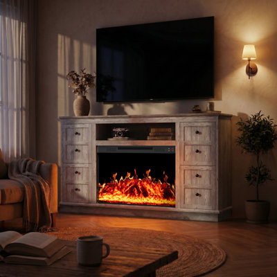 62" TV Stand With Electric Fireplace,Double Door Fireplace Cabinet with Music Player & Adjustable Temperature/UL Listed