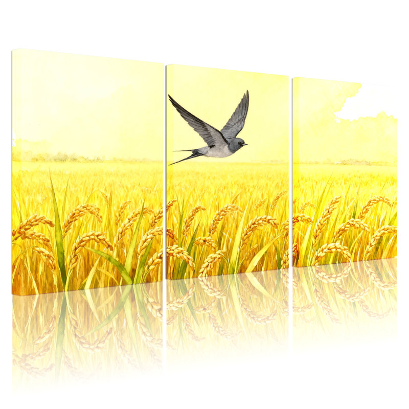 «Birds Golden Field with Flying Bird», ensemble de 3 impressions sur toile, H 30 po x l 60 po
