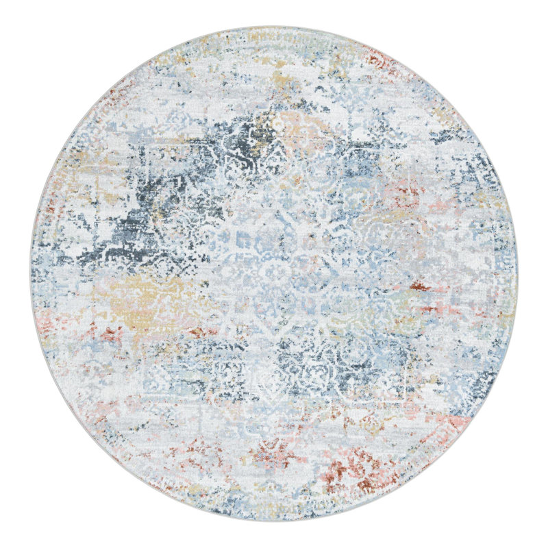 Tapis gris / bleu marine / taupe en polyester tissé à la machine Massie, Rond 7 pi 1 po