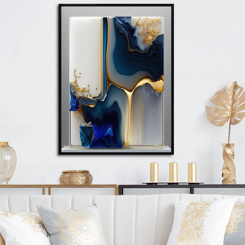Géode abstraite dorée et bleue, forme I - art mural abstrait en marbre, L 24 po x H 32 po, Toile avec cadre flottant noir