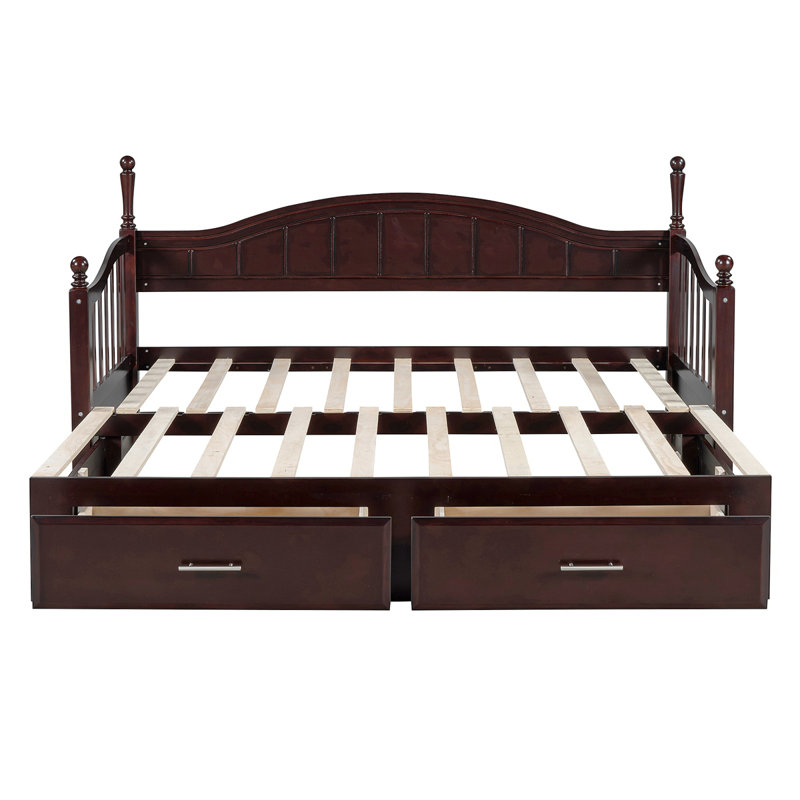 Lit de jour en bois avec couchette, lit de jour extensible avec deux tiroirs de rangement, Espresso