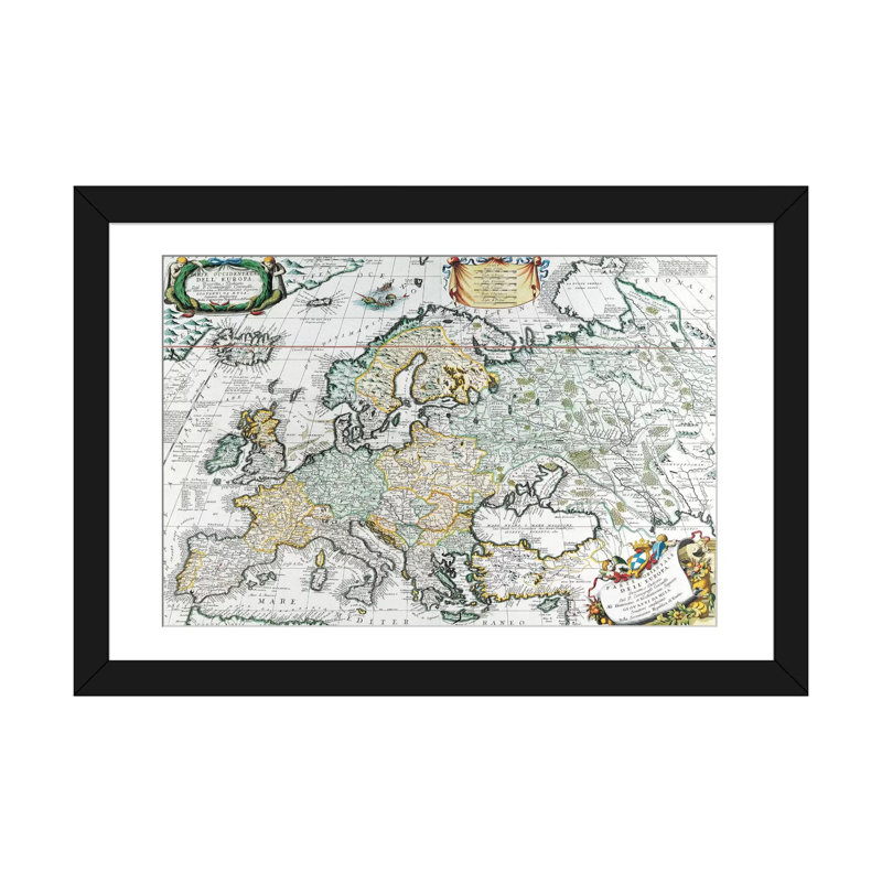 Carte antique de l'Europe, impression sur toile, H 16 po x l 24 po x P 1 po, Papier beaux-arts encadré noir, Blanc