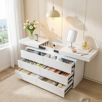 6 Drawer Dresser with Sliding Top, LED Lights & Charging Station - Spacious Chest of Drawers for Bedroom, Entryway, or Hallway Storage