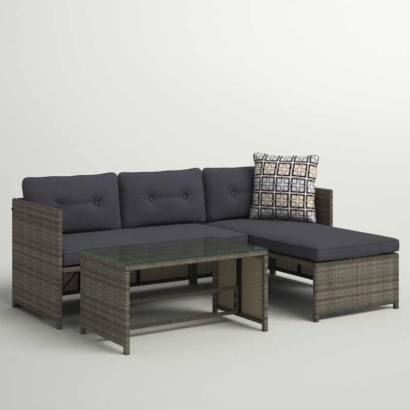Sybill 73" Wide Outdoor Wicker Right Hand Facing Patio Sectional Conversation Set, Dark Gray