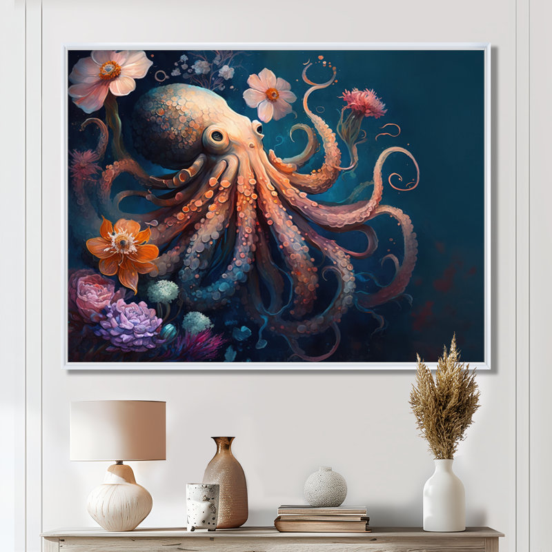Pieuvre dans l'océan avec fleurs I - art mural bord de mer, H 12 po x l 20 po x P 1 po, Cadre flottant blanc