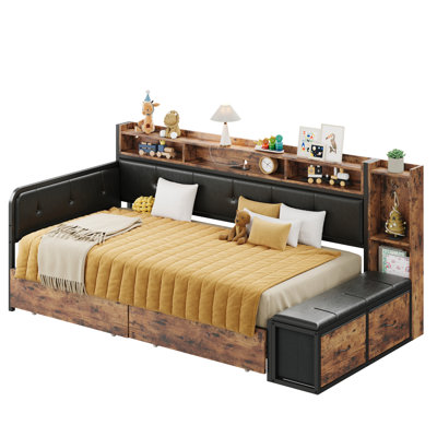 Twin Daybed With Storage Bench & 2 Drawers & Charging Station, Corner Bed Frame With Bookcase Headboard, Platform Bedframe For Bedroom, Guest Room