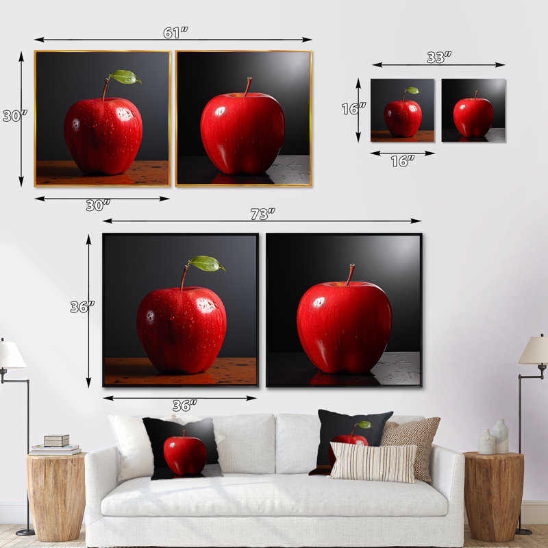 Minimalisme, pomme rouge, ensemble de 2 collages de fruits, Cadre flottant brun, H 30 po x l 61 po