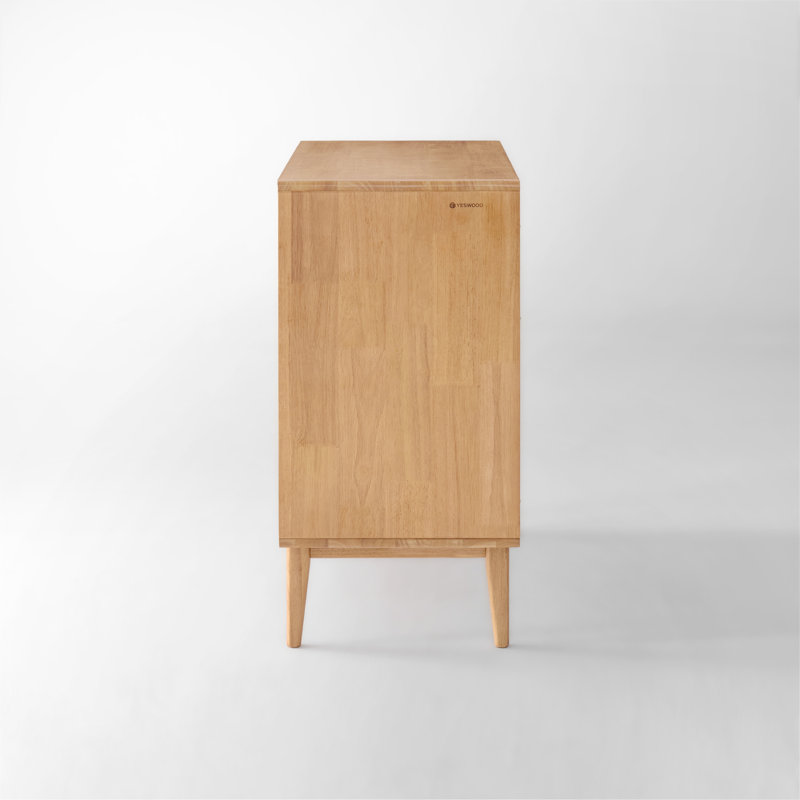 31.5"W Solid Wood Mid-Century Modern Rectangle Accent Cabinets with Drawers and Fluted Glass Door, Natural Wood