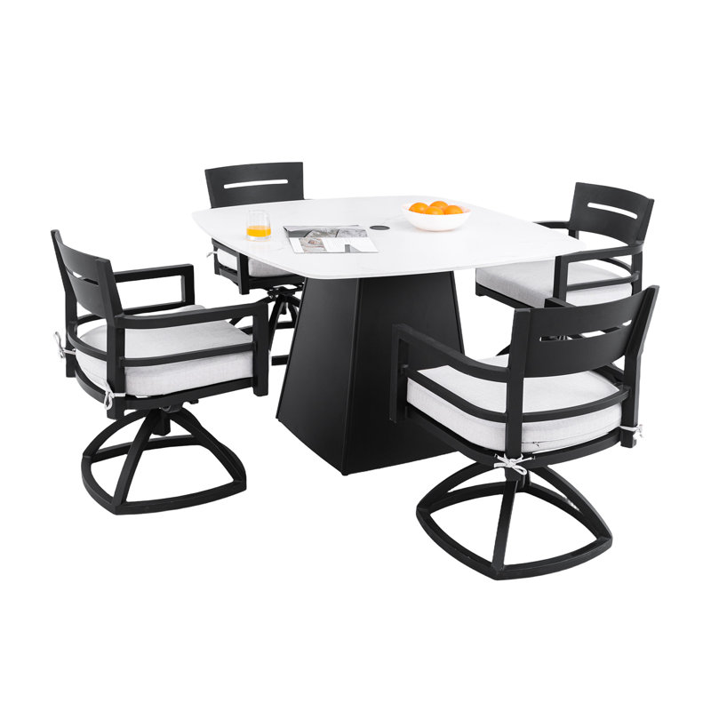 Ensemble repas 5 pièces pour l'extérieur, table en pierre frittée de 44 po et 4 chaises berçantes pivotantes avec patio rembourré, structure en aluminium robuste