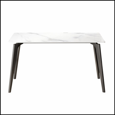 Modern Artificial Stone White Dining Table with Straight Edge and Dark Grey Metal Legs, Accommodates 6 People