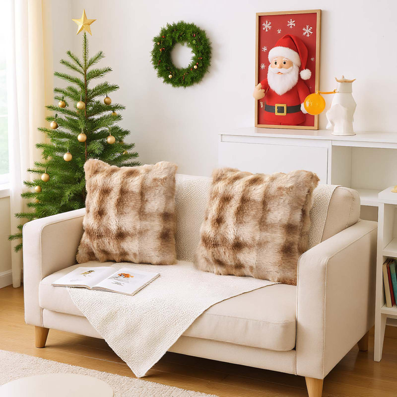 Ensemble de 2 housses de coussin en fausse fourrure de lapin 18 po x 18 po pour canapé et lit, Brun ombré