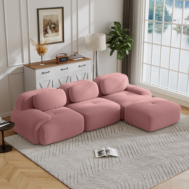 Compression Sofa, L Shape Sofa, Corduroy Fabric Sofa, For Living Room, 29.5" H x 117.3" W x 70" D