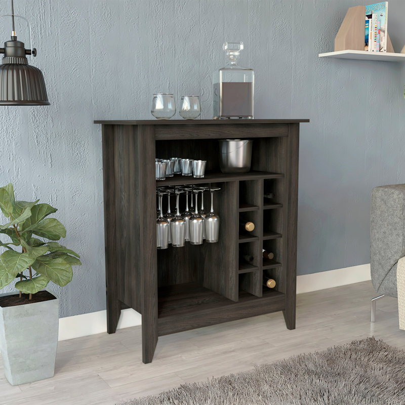 Armoire de bar Essential, une tablette ouverte, six supports à vin intégrés, un tiroir - espresso